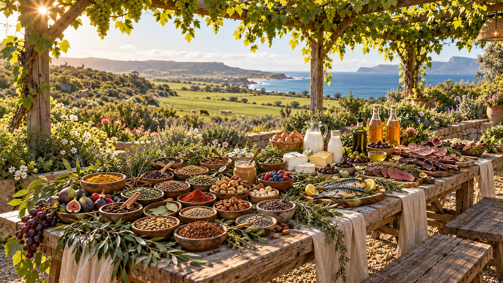 A harvest table beneath grapevines, with bowls and food across the table, pasture and sea beyond